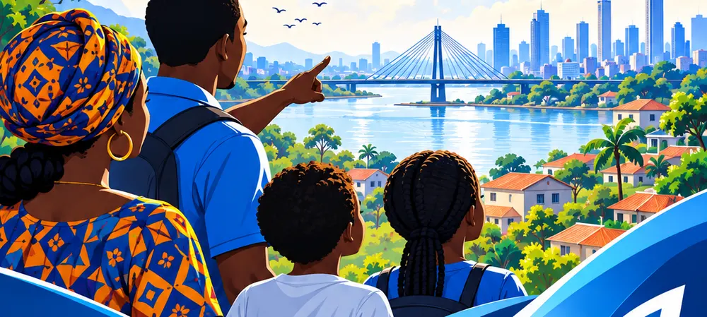 Illustration d’une famille regardant vers l’avenir de sa communauté